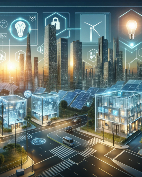 DALL·E 2023-12-19 19.11.14 - A futuristic scene showcasing key upcoming technologies and innovations in the electrical industry for 2023. The image features a modern cityscape wit
