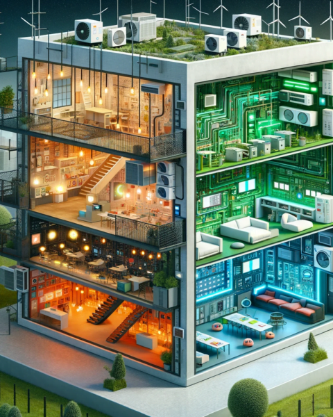DALL·E 2023-12-19 19.14.59 - An illustrative concept for 'How Electrical Systems Design Affects Building Efficiency' in a landscape format. The image features a cross-section of a