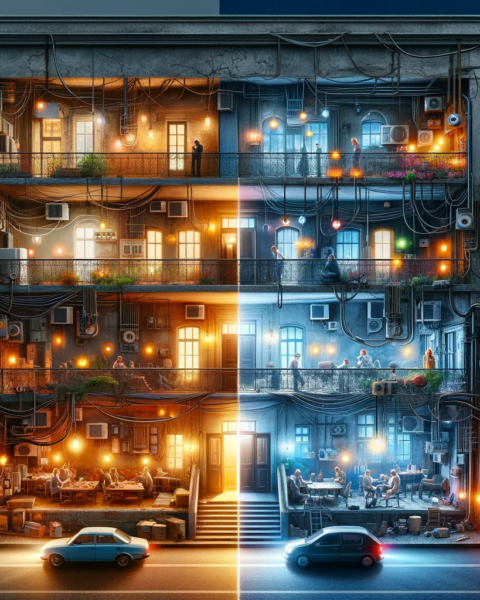 DALL·E 2023-12-19 19.18.16 - A landscape-oriented visual representation for 'Common Electrical Issues in Old Buildings and Upgradation Tips'. The image portrays an expansive view